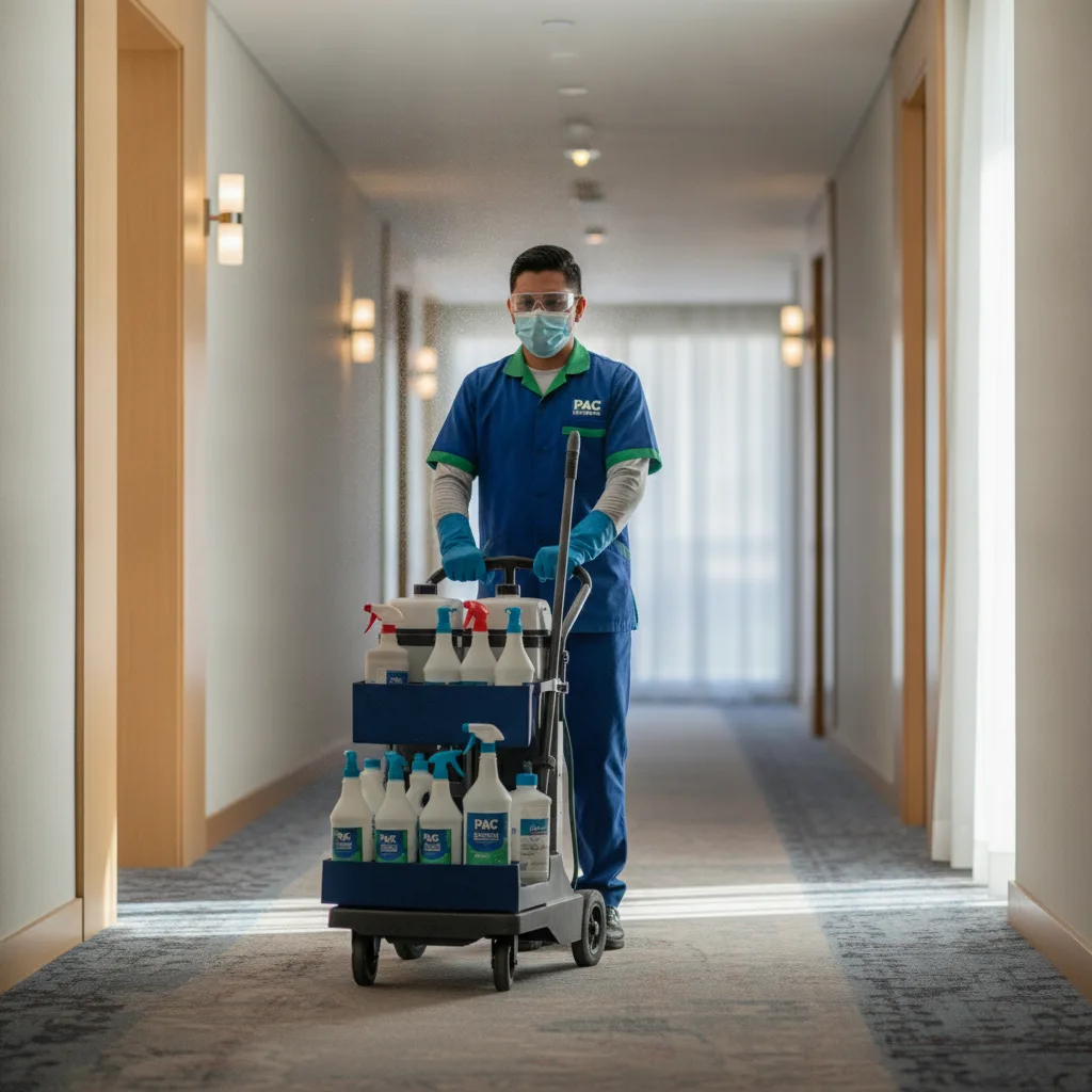 Trabajador de limpieza de hotel con carrito, productos químicos y equipo de protección personal en un pasillo de hotel moderno.