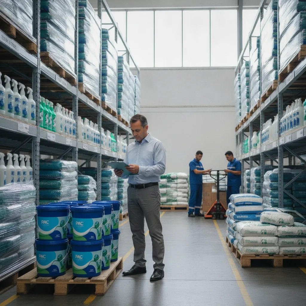 Administrador de condominio revisando un inventario de productos de limpieza industrial en un almacén organizado.