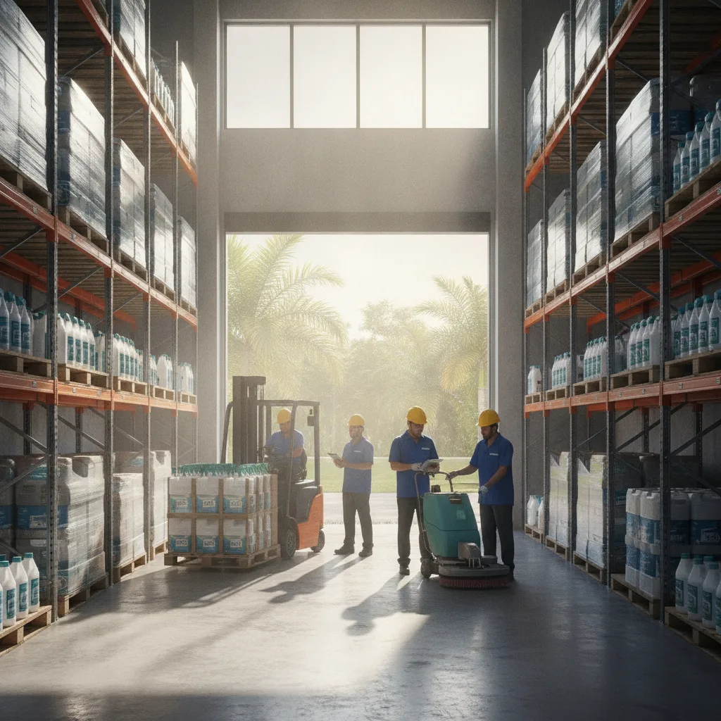 Imagen de productos de limpieza industrial profesional en un almacén moderno con empleados. Refleja eficiencia y calidad en el Sureste de México.