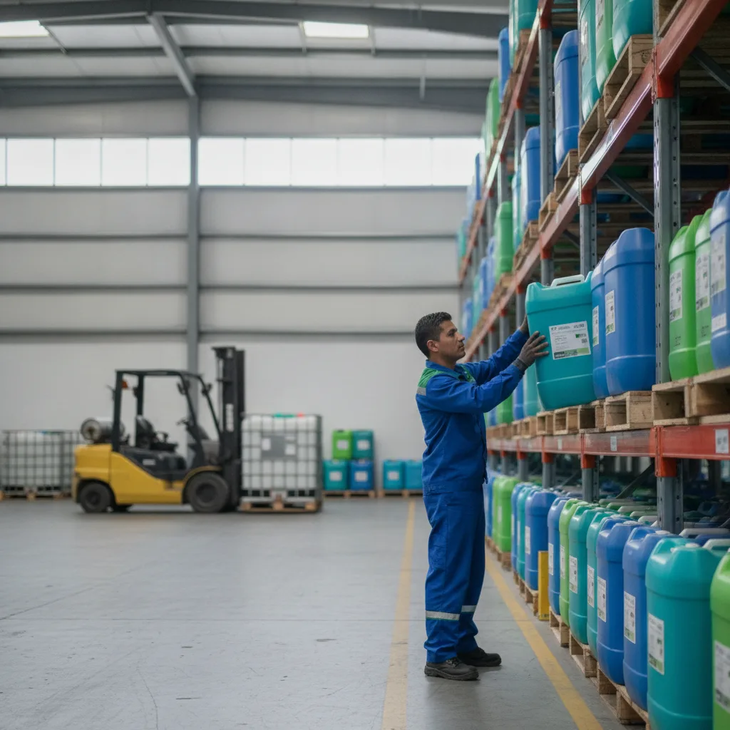 Trabajador en almacén organizando contenedores de productos de limpieza industrial de una fábrica, con carretilla elevadora al fondo.