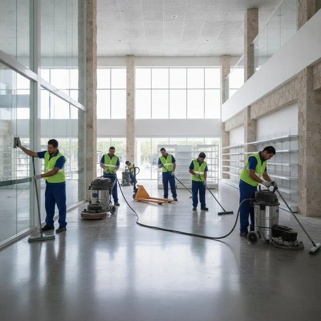 Equipo de limpieza industrial profesional trabajando en un amplio espacio comercial en Mérida, Yucatán, México.