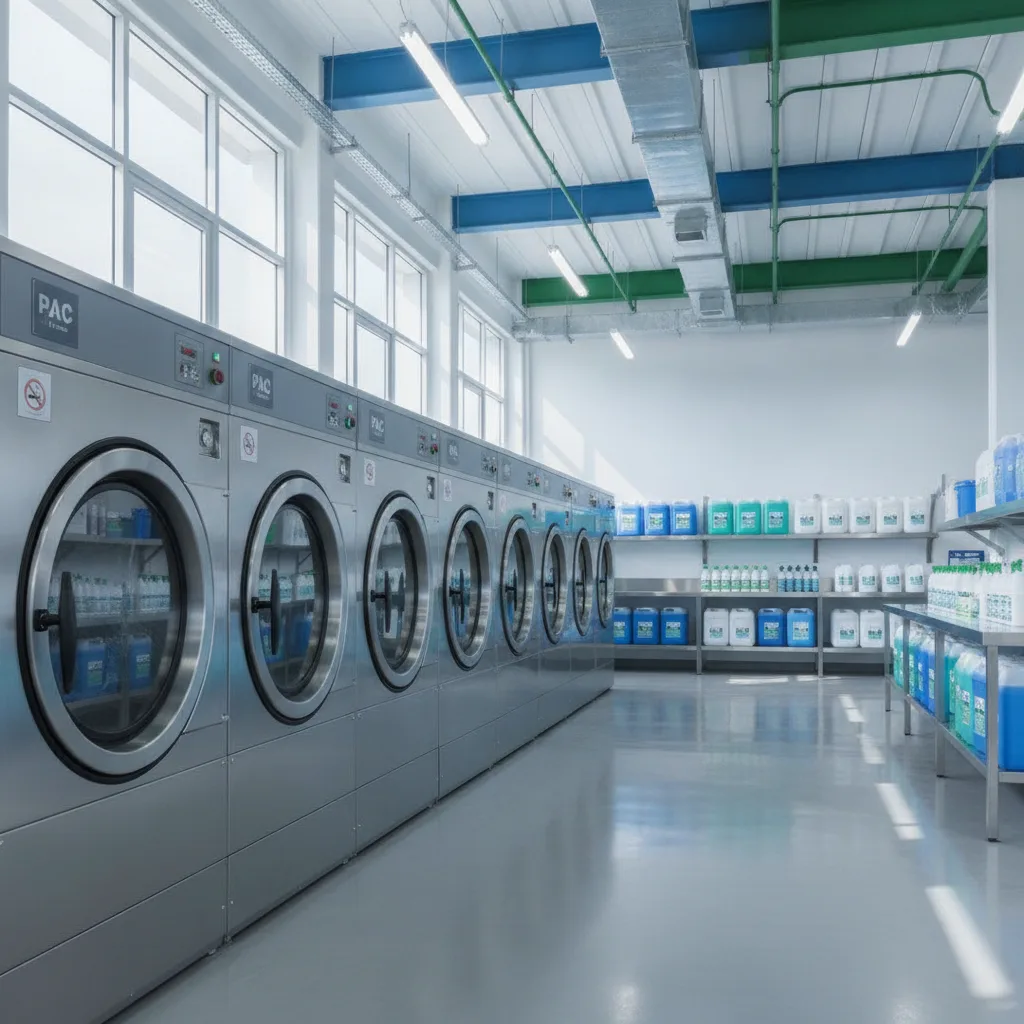 Vista de una lavandería industrial moderna con grandes máquinas lavadoras y productos de limpieza organizados.