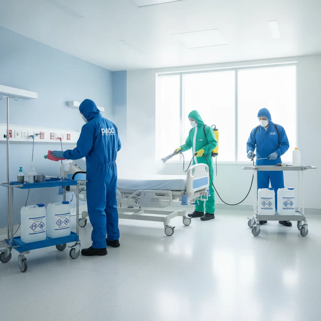Personal de limpieza profesional desinfectando una sala de hospital con productos especializados en Quintana Roo.