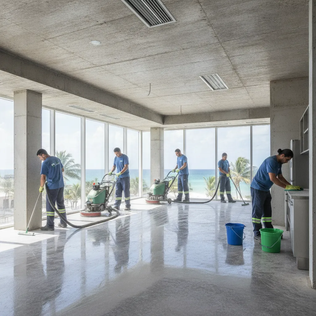 Equipo de limpieza profesional realizando la limpieza final de un edificio en construcción en Quintana Roo, con productos y herramientas especializadas.