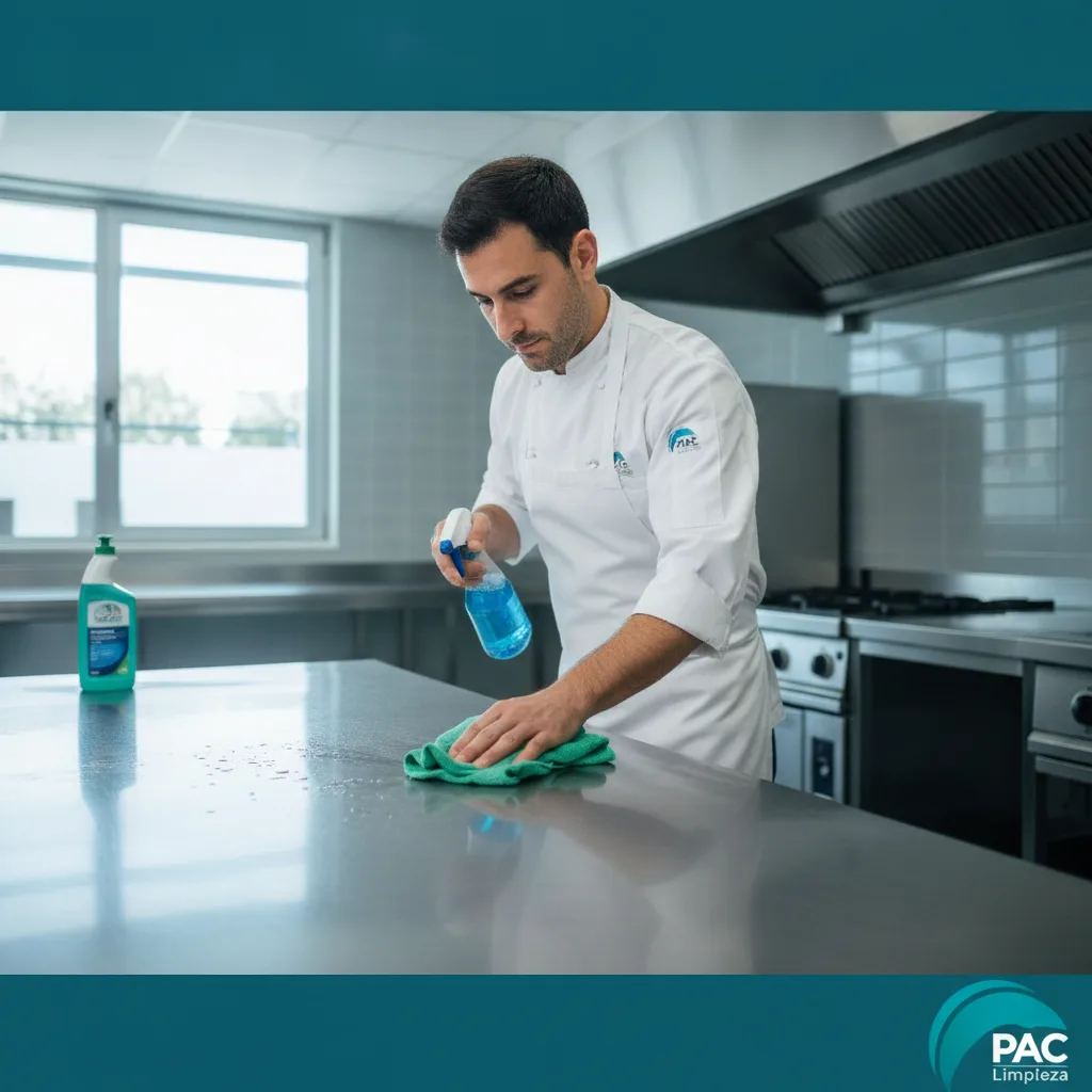 Chef o personal de cocina limpiando una superficie de trabajo con productos de limpieza profesionales en un restaurante moderno y pulcro.