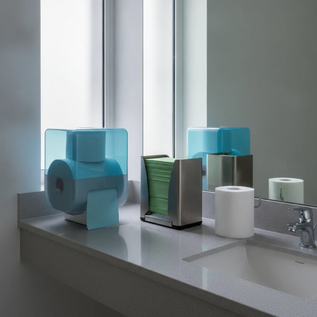 Comparativa de rollos de papel higiénico institucional jumbo, interfoliado y estándar en un baño moderno.