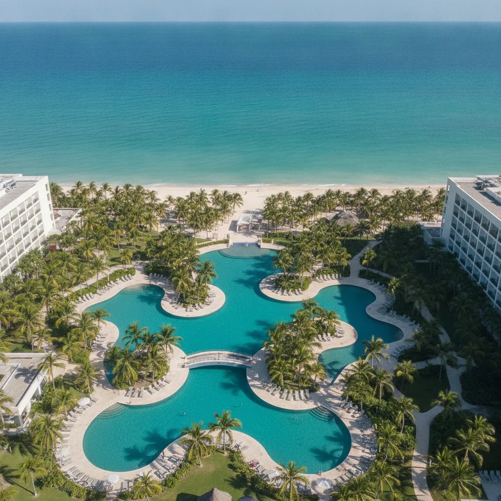 Vista aérea de un hotel con piscinas y palmeras junto a la playa de Playa del Carmen, con el mar Caribe de fondo, simbolizando la sostenibilidad.