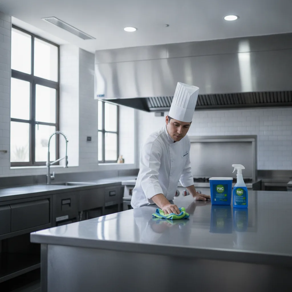 Chef limpiando meticulosamente una superficie de acero inoxidable en una cocina industrial moderna de un restaurante en Mérida.