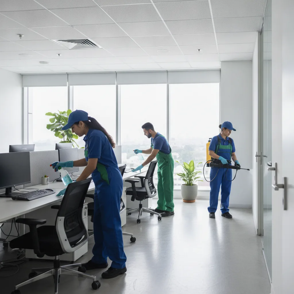 Personal de limpieza profesional aplicando sanitizante en superficies de alto contacto en una oficina corporativa moderna.